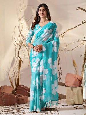 Rajwada Sky Blue Georgette Printed Saree For Women