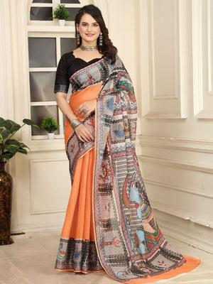 Rajwada Orange Cotton Linen Solid Printed Saree For Women