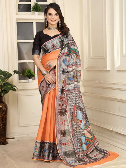 Rajwada Orange Cotton Linen Solid Printed Saree For Women