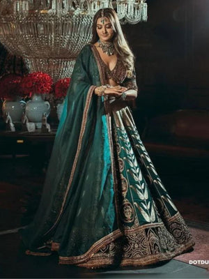 Rajwada Green Satin Embellished Semi Stitched Lehenga For Women