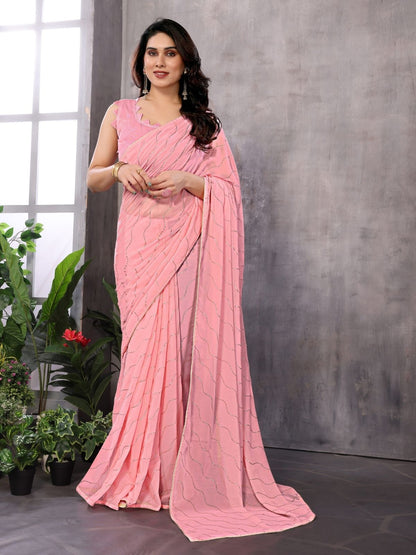 Rajwada Light Pink Georgette Embellished Saree For Women