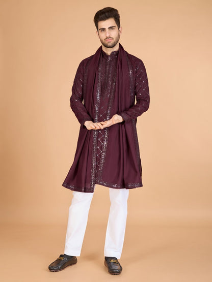 Rajwada Maroon Viscose Silk Sequins Stitched Kurta For Men