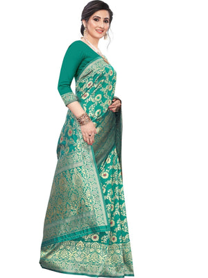 Rajwada Sea Green Silk Blend Embellished Saree For Women