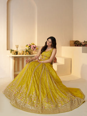 Rajwada Yellow Jimmy Choo Embroidered Semi-Stitched Lehenga For Women