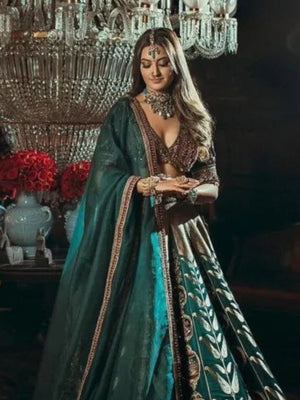 Rajwada Green Satin Embellished Semi Stitched Lehenga For Women