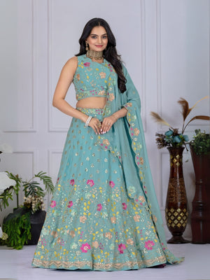 Rajwada Sea Green Georgette Embroidered Semi-Stitched lehenga For Women