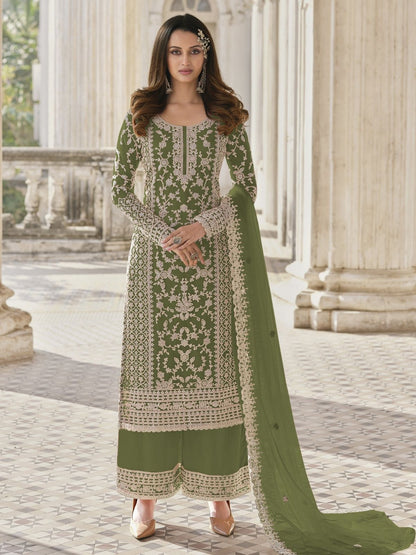 Rajwada Green Silk Blend Embroidered Semi Stitched Kurta Set For Women