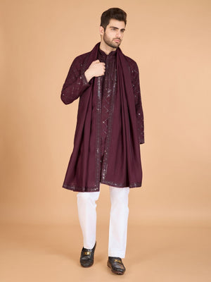 Rajwada Maroon Viscose Silk Sequins Stitched Kurta For Men