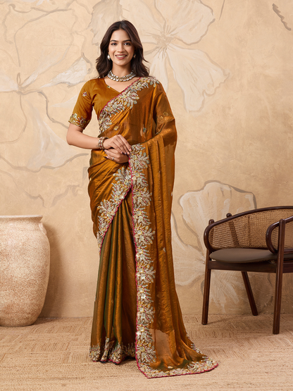 Rajwada Mustard Brown Chiffon Embroidered Saree For Women