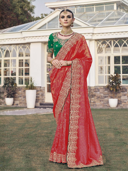 Rajwada Red Satin Embroidered Saree For Women