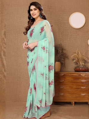 Rajwada Pastel Green Georgette Floral Print Saree For Women