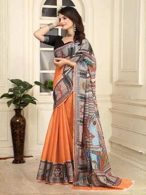 Rajwada Orange Cotton Linen Solid Printed Saree For Women
