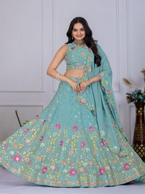 Rajwada Sea Green Georgette Embroidered Semi-Stitched lehenga For Women