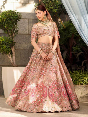 Rajwada Peach Silk Blend Embellished Semi Stitched Lehenga For Women