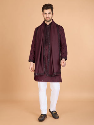 Rajwada Maroon Viscose Silk Embellished Stitched Kurta For Men