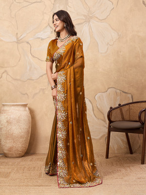 Rajwada Mustard Brown Chiffon Embroidered Saree For Women