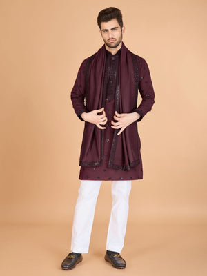 Rajwada Maroon Viscose Silk Embellished Stitched Kurta For Men