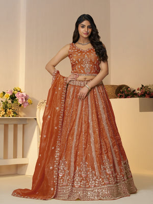 Rajwada Orange Jimmy Choo Embroidered Semi-Stitched Lehenga For Women