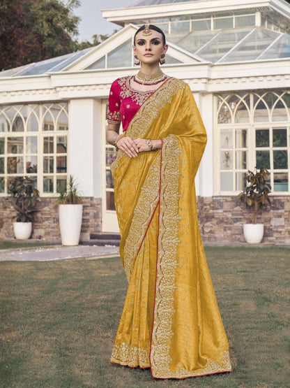 Rajwada Yellow Satin Embroidered Saree For Women