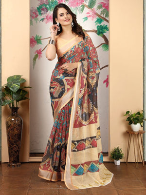Rajwada Maroon Cotton Linen Woven Printed Saree For Women