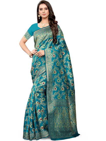 Rajwada Blue Silk Blend Embellished Saree For Women