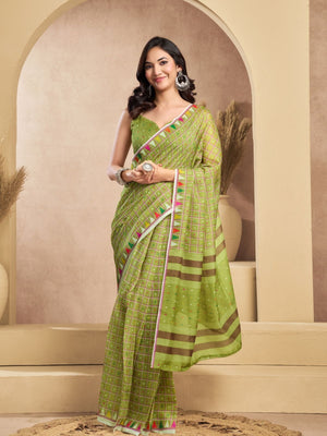 Rajwada Olive Cotton Linen Zari Work Saree For Women