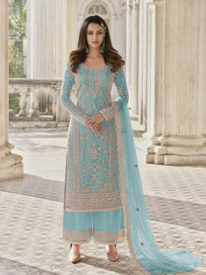 Rajwada Sky Blue Silk Blend Embroidered Semi Stitched Kurta Set For Women
