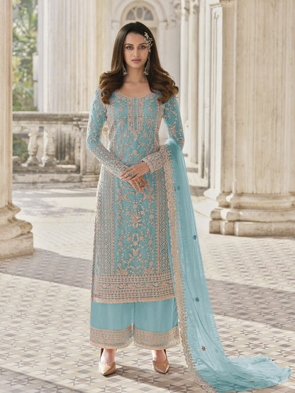 Rajwada Sky Blue Silk Blend Embroidered Semi Stitched Kurta Set For Women