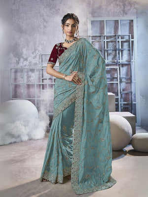 Rajwada Sea Green Georgette Embellished Elegant Saree For Women