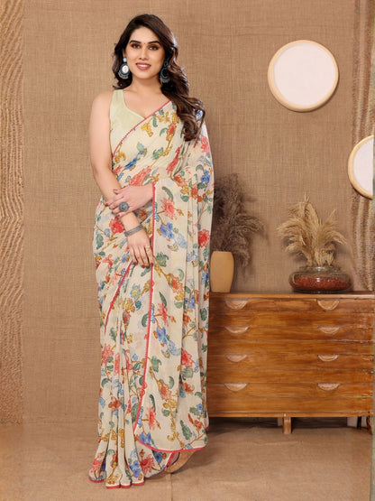 Rajwada Off White Georgette Floral Print Saree For Women