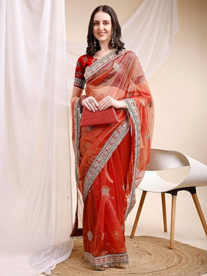 Rajwada Red Organza Embellished Solid Saree For Women