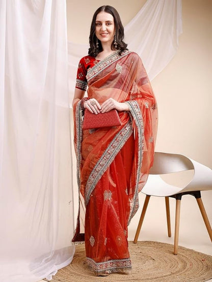 Rajwada Red Organza Embellished Solid Saree For Women