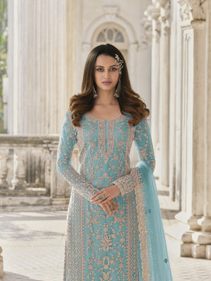 Rajwada Sky Blue Silk Blend Embroidered Semi Stitched Kurta Set For Women