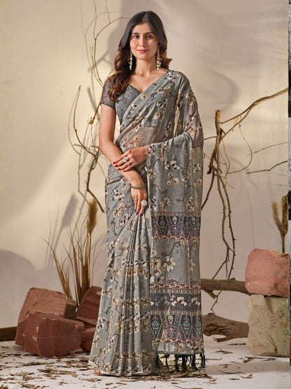 Rajwada Grey Georgette Printed Saree For Women