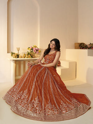 Rajwada Orange Jimmy Choo Embroidered Semi-Stitched Lehenga For Women
