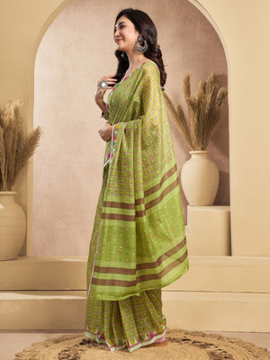 Rajwada Olive Cotton Linen Zari Work Saree For Women