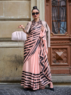 Rajwada Peach Satin Printed Saree With Unstitched Blouse For Women
