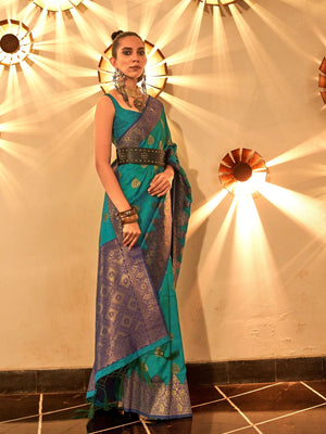 Rajwada Green Silk Blend Woven Saree With Unstitched Blouse For Women