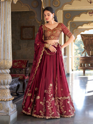 Rajwada Maroon Silk Blend Embroidered Lehenga For Women