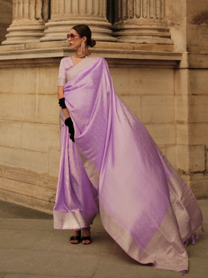 Rajwada Lavender Silk Blend Woven Saree With Unstitched Blouse For Women