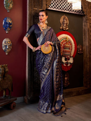 Rajwada Navy Blue Satin Woven Saree With Unstitched Blouse For Women