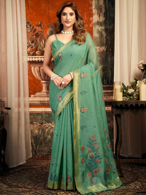 Rajwada Sage Green Cotton Blend Solid Saree For Women