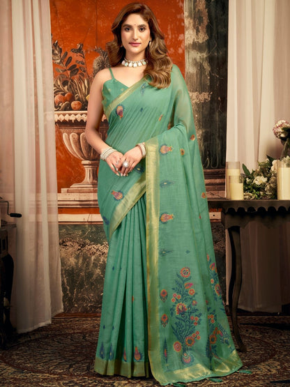 Rajwada Sage Green Cotton Blend Solid Saree For Women