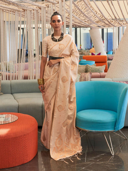 Rajwada Beige Silk Blend Woven Saree With Unstitched Blouse for Women