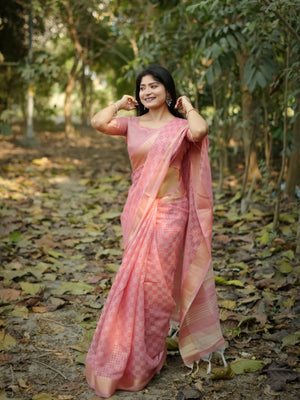 Rajwada Peach Silk Blend Woven Saree For Women