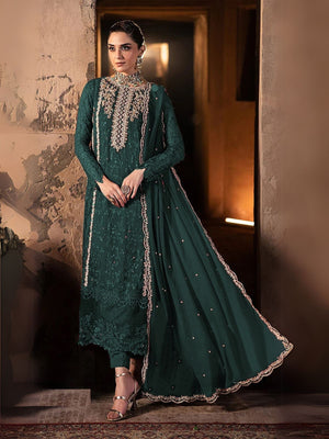 Rajwada Teal Green Georgette Embroidered Semi-Stitched Kurta Set For Women