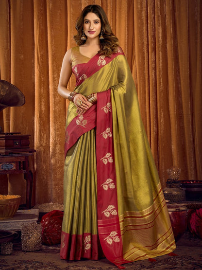 Rajwada Olive Green And Maroon Silk Blend Solid Saree For Women