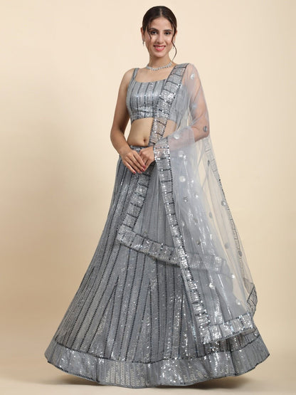 Rajwada Grey Georgette Embellished Semi-Stitched Lehenga For Women