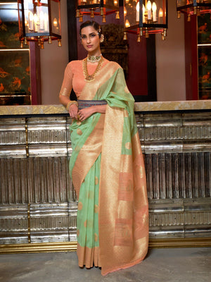Rajwada Green Linen Woven Saree With Unstitched Blouse for Women