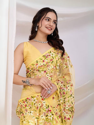 Rajwada Yellow Net Embroidered Elegant Saree For Women